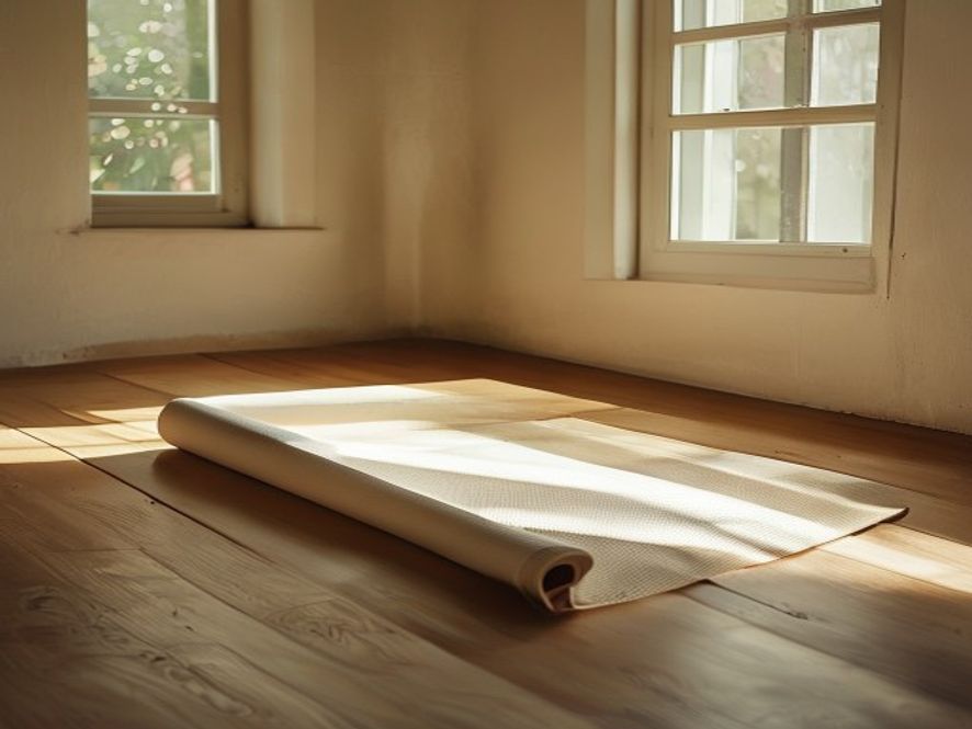 An open window overlooking green trees, with a yoga mat rolled up on a clean wooden floor